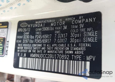 2011 Hyundai Veracruz Gls z USA, uszkodzony, nr VIN KM8NUDCC2BU170892